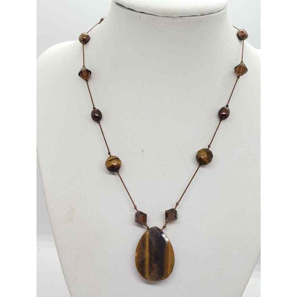 Tigers Eye Genuine Pearl Pendant Necklace Gemstone Long Dangle Big Stone